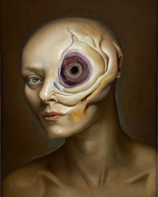 Prompt: strange, looming head, biomorphic painting of a woman with large eyes, pastel colours by, rachel ruysch, charlie immer and jenny saville, fluid acrylic, airbrush art, timeless disturbing masterpiece