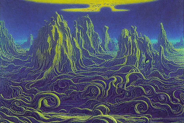 Image similar to lovecraftian landscape, another world by Jean Delville