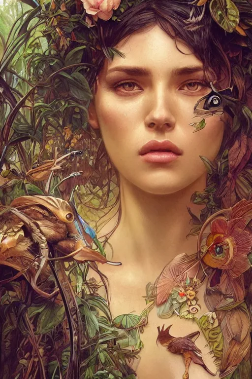 Prompt: ultra realistic illustration, bohemian animal in jungle, staring directly into camera, intricate, elegant, highly detailed, digital painting, artstation, concept art, smooth, sharp focus, illustration, art by artgerm and greg rutkowski and alphonse mucha