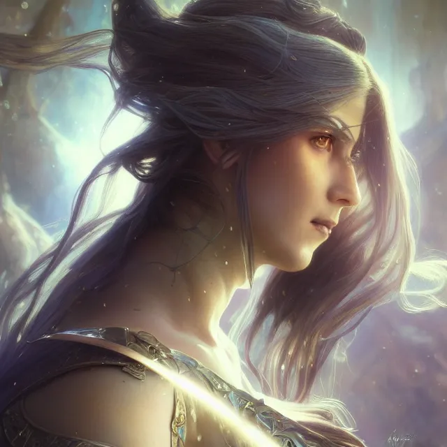 Image similar to close up portrait of a beautiful fantasy female warrior, shiny, glowing hair, subsurface scattering, artistic, magical background with light rays, fantasy atmosphere. art by artgerm, greg rutkowski and alphonse mucha, highly detailed, intricate, lifelike. sci - fi, fantasy, magical, octane render,