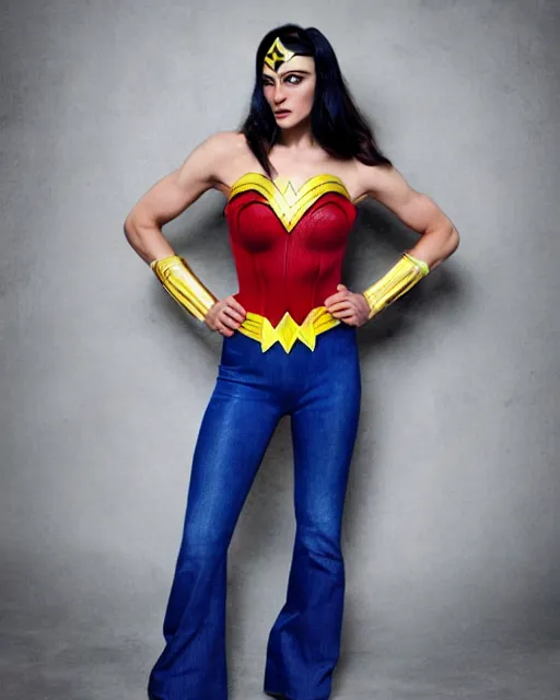 Image similar to a Chimpanzee, dressed as Wonder Woman, is wearing tight fit blue Jean pants, photographed in the style of Mario Testino, Standing in front of photorealistic