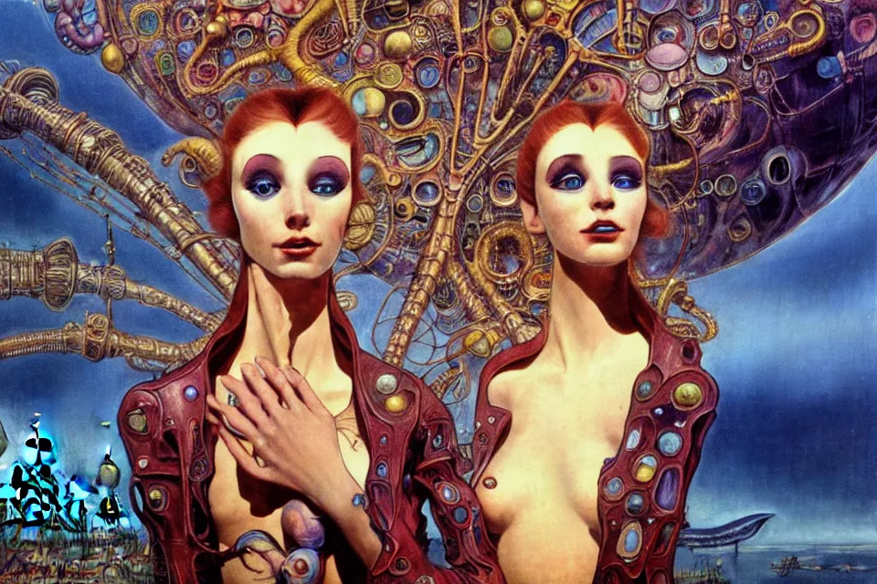 Image similar to extremely detailed movie shot closeup portrait of a beautiful alien girl wearing leather coat, saint petersburg city background by denis villenueve, yves tanguy, ernst haeckel, roger dean, amano, alphonse mucha, dynamic composition, rich moody colours