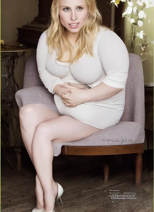 Prompt: jiggly sexy fat chonky thick chubby curvy kristen bell with a very big fat round hanging chubby belly sitting on a chair leaning forwards