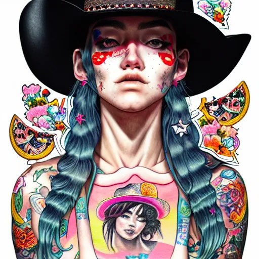 Image similar to full view of cowgirl with tattoos, wearing a cowboy hat, style of yoshii chie and hikari shimoda and martine johanna, highly detailed