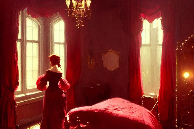 Image similar to an ornate red victorian bedroom, in the evening, 1 8 9 0, key visual, conceptart, ambient lighting, highly detailed, digital painting, artstation, concept art, sharp focus, by makoto shinkai and akihiko yoshida and greg manchess