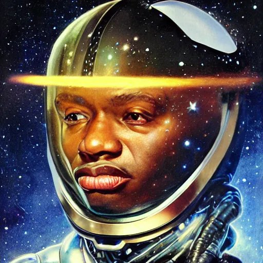 Image similar to photoreal had portrait of a powerful black man in scifi helmet, space nebula milky way background, by norman rockwell and boris vallejo, artstation, concept character art