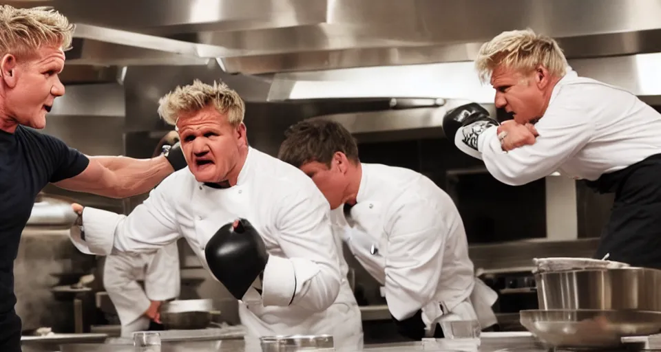 Image similar to photo of angry furious Gordon Ramsay punching Gordon Ramsay at the kitchen