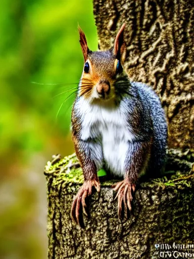 Image similar to the squirrel king, extremely plump, wearing crown of acorns and dandelions, servant squirrels, king arthur's court, game of thrones, sitting on throne, low angle, palace, fantasy art, cinematic lighting, realistic, sony 2 4 mm f 4. 0