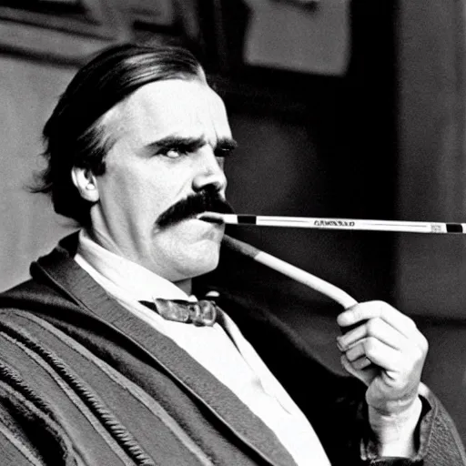 Prompt: friedrich nietzsche appearing in the movie the big lebowski as the dude, wearing a bathrobe, holding cigarette pipe