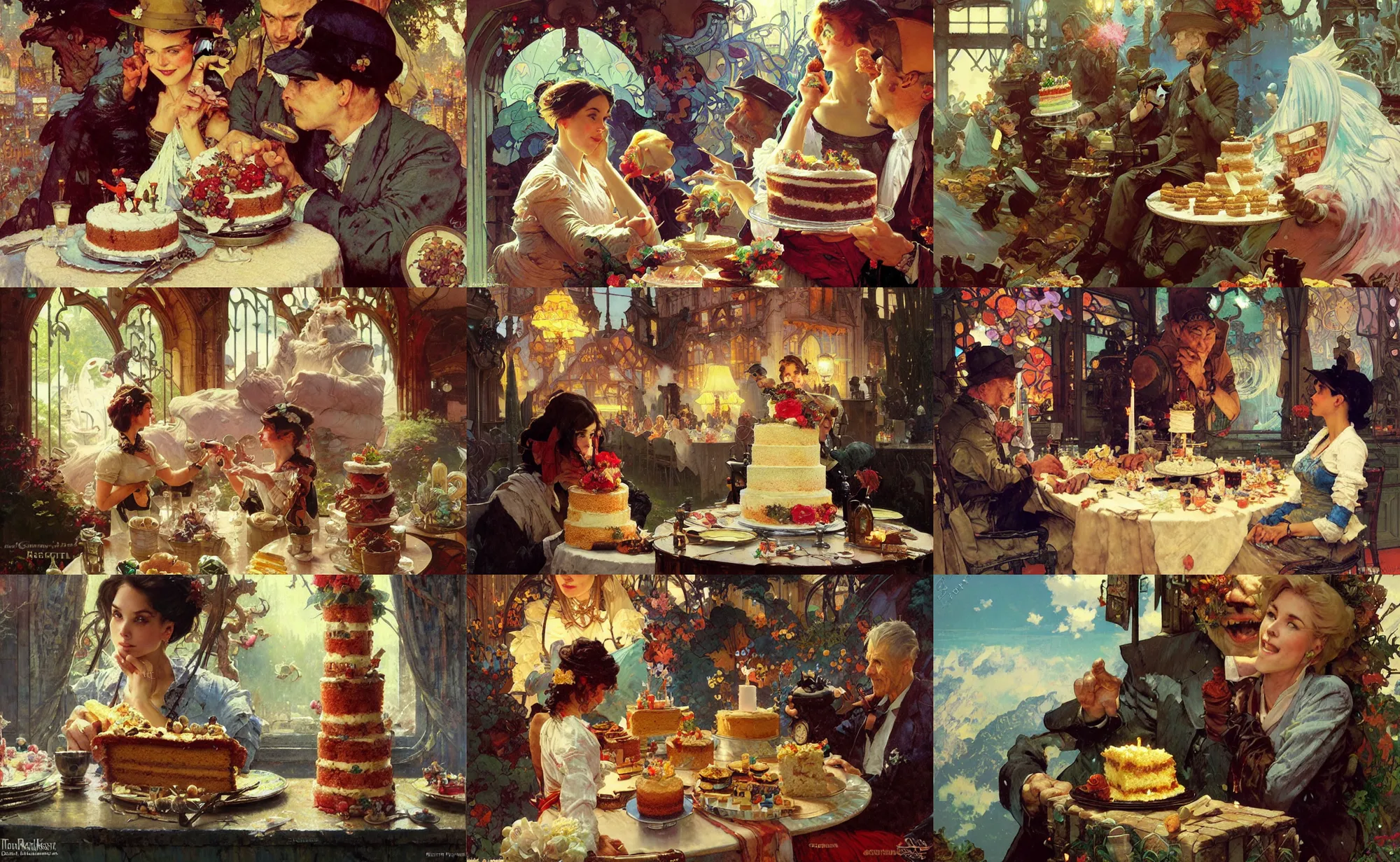 Prompt: The greatest cake, by greg rutkowski, thomas kinkade, loish, alphonse mucha, norman rockwell