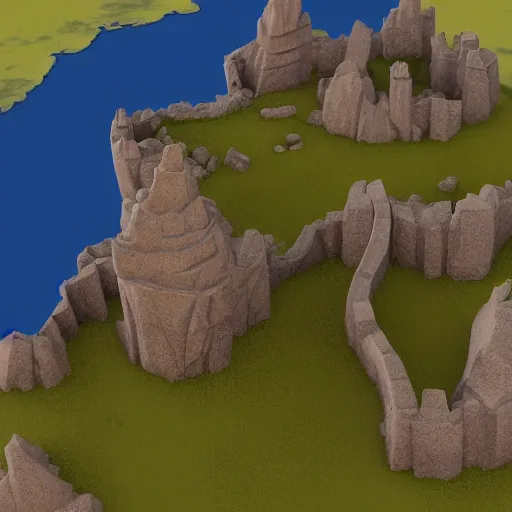 Prompt: 3d model of a fantasy map, lots of islands, tall rocks, ruins, small villages scattered around