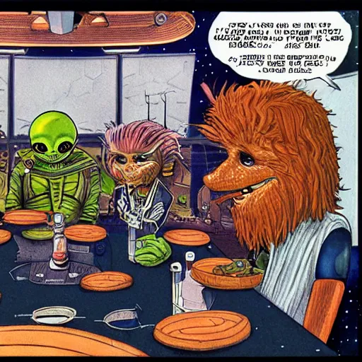 Prompt: scruffy punk starship crew sitting at table and getting drunk and singing folk music, extraterrestrials, alien 1 9 7 9, ron cobb, jim henson creature shop, mike mignogna, highly detailed, comic book, science fiction, used future