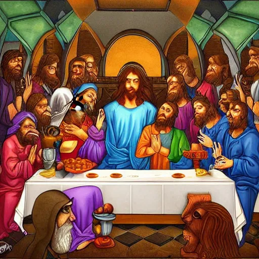 Prompt: Christ's last supper painting in style of Futurama. Very very beautiful digital art, intricate stunning texture and details, fine detailed face. Trending on artstation. Dramatic lighting