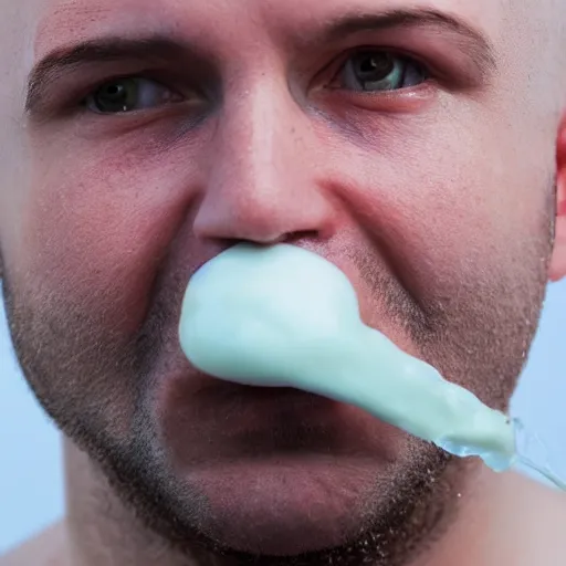 Image similar to close up photo of a fully clothed bald crimean man with yoghurt dripping from his face