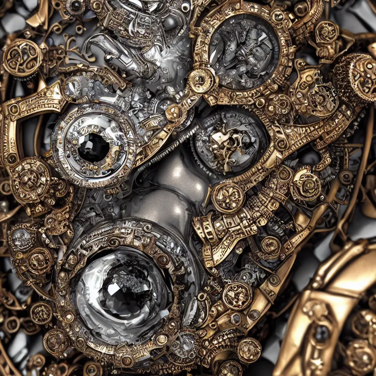 Image similar to A close up symmetric steampunk fox head with sparkling eyes made from ornate engraved full plate armor and Rolex gears and jewels and gems, macro shot by Justin Gerard, unreal engine, detailed, intricate, physically based rendering