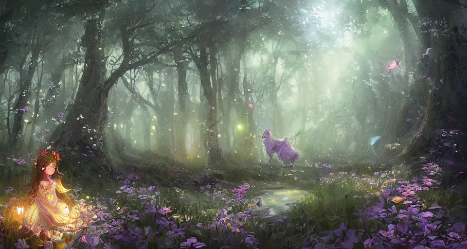 Image similar to Enchanted and magic forest, by WLOP