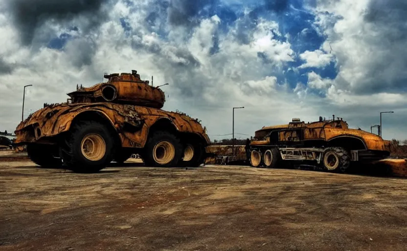 Prompt: monster truck schoolbus tank, dystopian, imax, intense sky