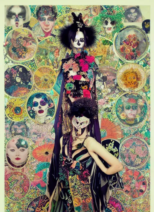 Prompt: cute punk goth fashion hippy fractal Día de los Muertos android girl wearing kimono made of circits posing by Zhang Jingna, psychedelic dada collage by Hannah Höch Victor Moscoso Rick Griffin Alphonse Mucha Gustav Klimt Ayami Kojima Amano Charlie Bowater, masterpiece