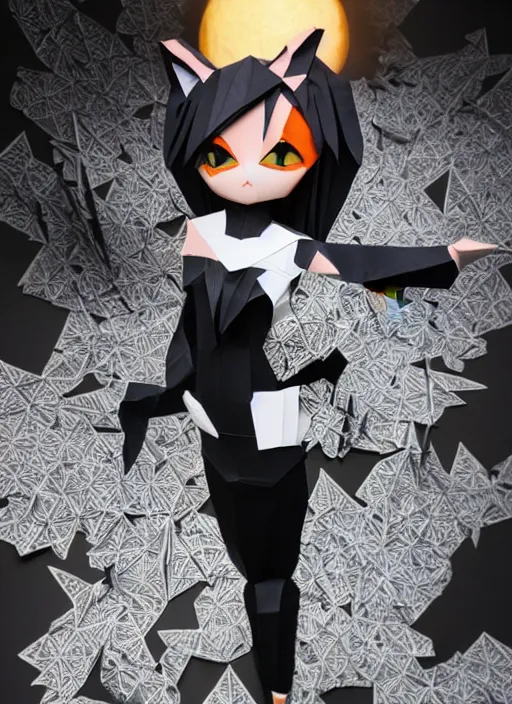 Image similar to < https : / / s. mj. run / mlo _ i - 3 cazg > paper metropolis made out of origami paper, anthropomorphic cat woman wearing a flowing black and white dotted dress, paper origami, many origami peach and sakura flowers, heavenly light, 3 d, very detailed, octane render, trending artstation, artgem