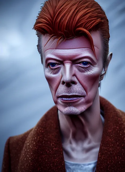 Image similar to david bowie in real life, face centered portrait of david bowie, confident, fog, rain, volumetric lighting, beautiful, golden hour, sharp focus, ultra detailed, cgsociety by leesha hannigan, ross tran, thierry doizon, kai carpenter, ignacio fernandez rios, noir art house, 4 k, 3 5 mm, fujifilm