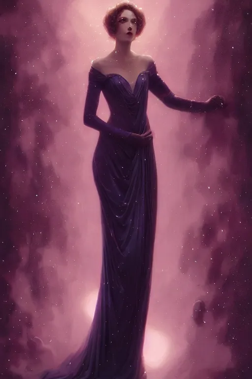 Prompt: Nocturne, glowing, stars, a long-legged elegant evil woman, highly detailed, mysterious, ethereal, dressed in dark violet velvet, haute couture, illustration, dramatic lighting, soft details, painting, by Edmund Blair Leighton, Brom, Charlie Bowater, trending on artstation, faces by Tom Bagshaw, otto schmidt