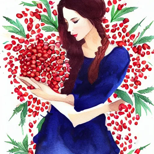 Prompt: Persephone surrounded by pomegranates, beautiful, elegant, watercolor, render, trending on artstation