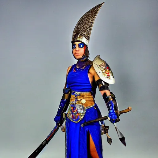 Prompt: photo of a female warrior with lapis lazuli armour and weapons