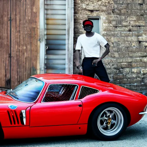 Image similar to a photo of the rapper yeat next to a ferrari 250 GTO outside, hyperdetailed, natural lighting,8k
