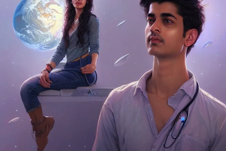 Image similar to Sensual good looking pale young Indian doctors wearing jeans in a space elevator above Earth, portrait, elegant, intricate, digital painting, artstation, concept art, smooth, sharp focus, illustration, art by artgerm and greg rutkowski and alphonse mucha
