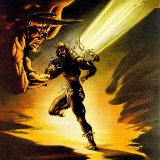 Prompt: a golden sword of pure light striking down a being of pure shadow, frank frazetta style