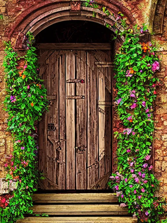 Image similar to professional digital art detailed old wood and rust castle door entrance flowers with path outside cgsociety behance by Dan Mumford