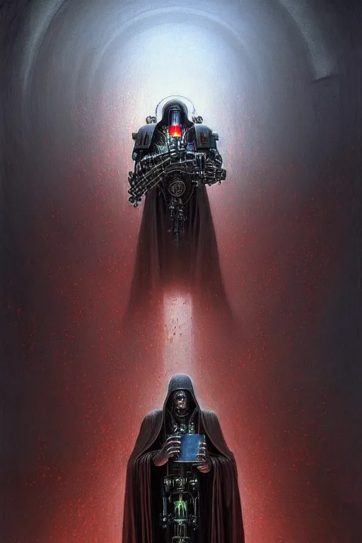 Image similar to potrait of john cena as a cloaked tech priest holding a book, adeptus mechanicus!!, cybernetic enhancements attached to his body, praise the omnissaiah, zdzislaw beksinski, lewis jones, mattias adolfsson, warhammer 4 0 k!!, cold hue's, warm tone gradient background, concept art