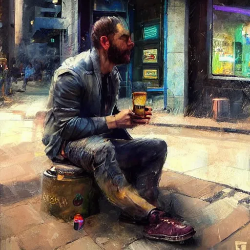 Prompt: a realistic hyperdetailed multi - colored digital oil full body portrait painting of a man playing on a playstation 5 outside at a restaurant, beer in hand, in the style of guy denning, ruan jia, and craig mullins. trending on artstation and deviantart. cgsociety digital art.