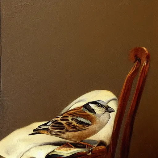 Image similar to an oil paiting of a sparrow perched on a chair, highly detailed, oleo, artstation, sharp focus, by diego velazquez