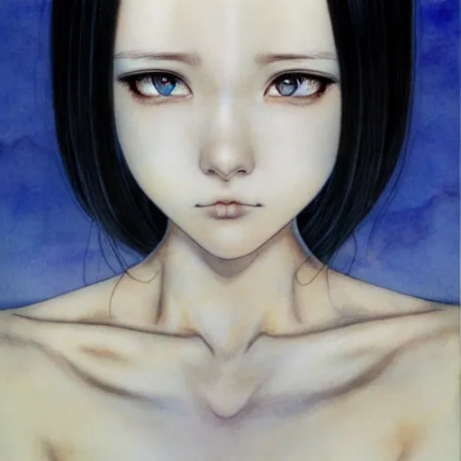 Image similar to a portrait of a character, black hair, blue eyes, by Miho Hirano