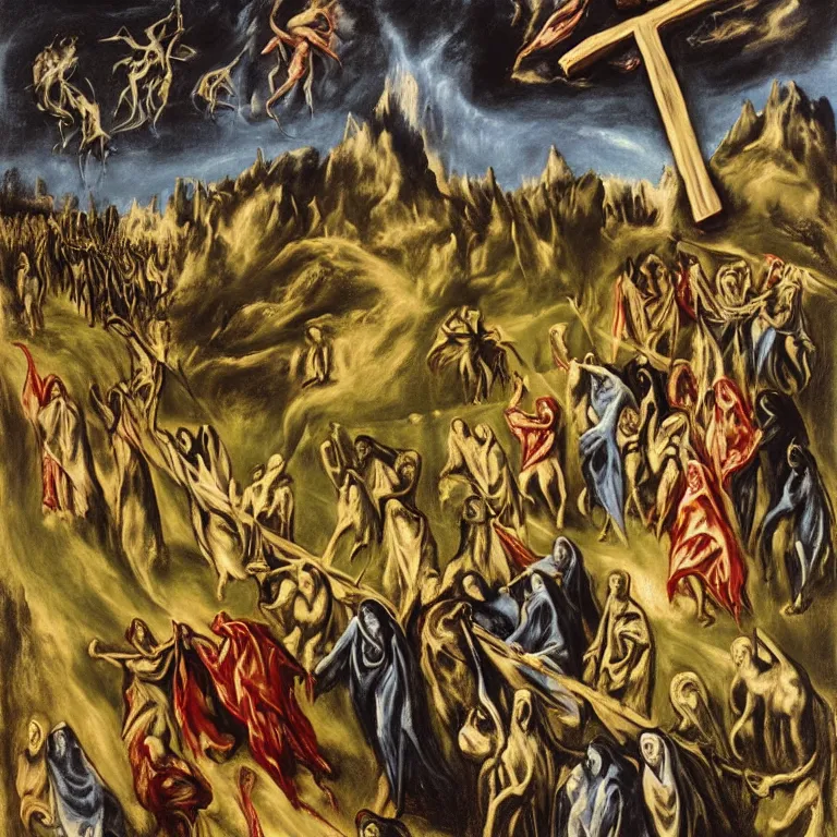 Prompt: A masterpiece with vibrant colours of a Holy Week procession of grim reapers in a lush Spanish landscape at night. A hooded figure at the front holds a cross. El Greco, Carl Gustav Carus, Remedios Varo, Salvador Dalí, Zdzisław Beksiński. Photo realistic.