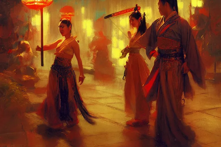 Image similar to wuxia, neon light, painting by gaston bussiere, craig mullins, j. c. leyendecker