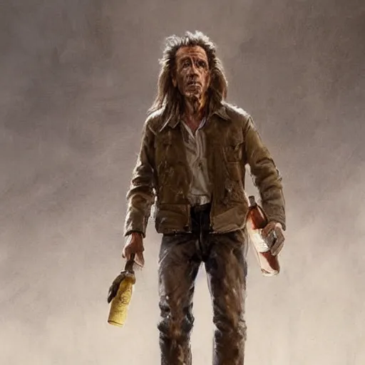 Prompt: a highly detailed epic cinematic concept art CG render digital painting artwork costume design: Humphrey Bogart, old scars, long hair, grizzled, tired, in an old 1950s leather jacket, with a bottle of whisky in hand. By Greg Rutkowski, Ilya Kuvshinov, WLOP, Stanley Artgerm Lau, Ruan Jia and Fenghua Zhong, trending on ArtStation, made in Maya, Blender and Photoshop, octane render, excellent composition, cinematic atmosphere, dynamic dramatic cinematic lighting, aesthetic, very inspirational, arthouse