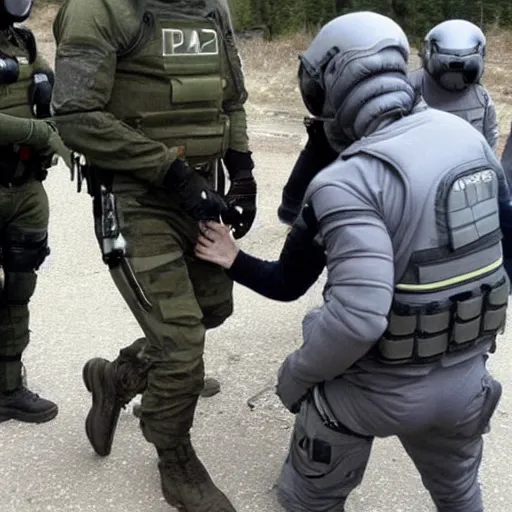 Image similar to grey alien being arrested by russian special forces