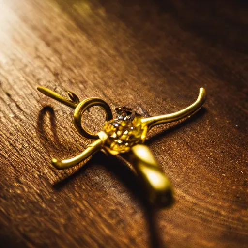 Image similar to macro shot of an intricately detailed golden hanger with an embedded ruby gem, lying on a oak table indoors, sunlit day, f 1. 4