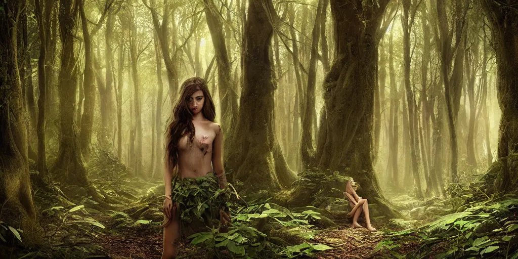 Prompt: a forest nymph in an ancient forest, ana de armas, flawless symmetrical pretty cute face, greg rutkowski, 8 k, shallow depth of field, intricate detail, concept art,