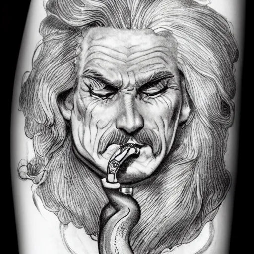 Prompt: highly detailed figure of a person with long white hair coming out from a smoking pipe, comic art, tattoo art, intricate, elegant.