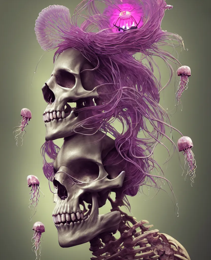 Image similar to goddess close - up portrait human skeleton, ram skull, jellyfish, orchid, betta fish, bioluminiscent, intricate artwork by tooth wu and wlop and beeple. octane render, trending on artstation, greg rutkowski very coherent symmetrical artwork. cinematic, hyper realism, high detail, octane render, 8 k