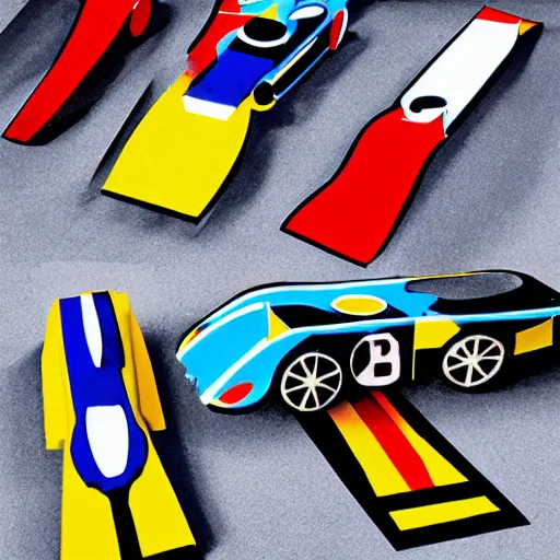 Prompt: racing cars in the style of fortunato depero