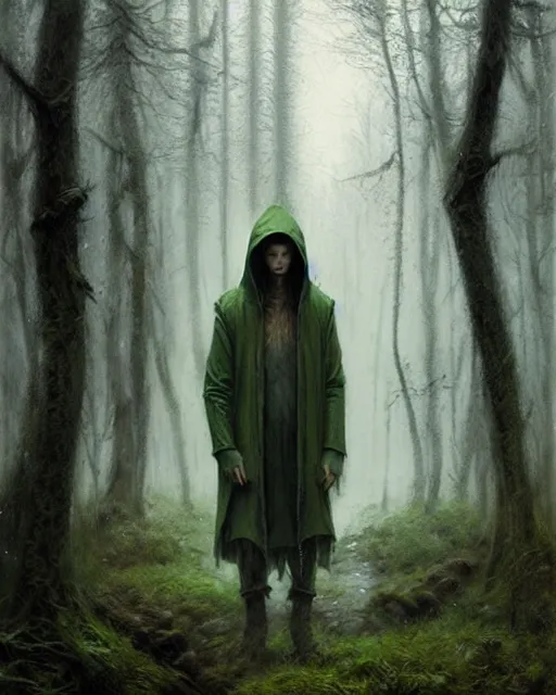 Prompt: portrait Green hooded jacket coat Hunter man elf, long-haired At the rainy forest, ambush, movie still By greg rutkowski, tom bagshaw, beksinski