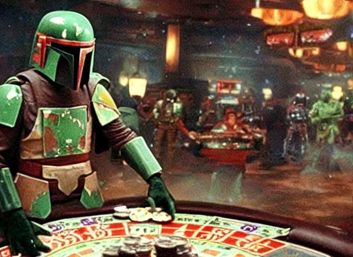 Image similar to film still of Boba Fett gambling in vegas in the Phantom Menace 1999