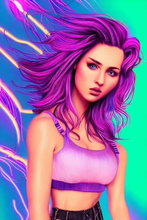 Prompt: a award winning half body portrait of a beautiful woman with stunning eyes in a croptop and cargo pants with ombre purple pink teal hairstyle by thomas danthony, surrounded by whirling illuminated lines, outrun, vaporware, digital art, trending on artstation, highly detailed, fine detail, intricate