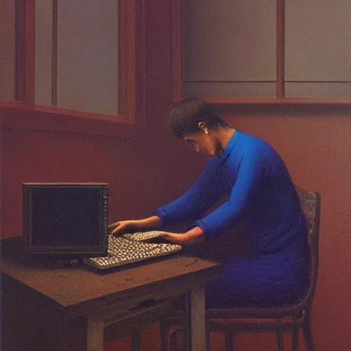 Image similar to gamer at his computer Zdzisław Beksiński, oil on canvas