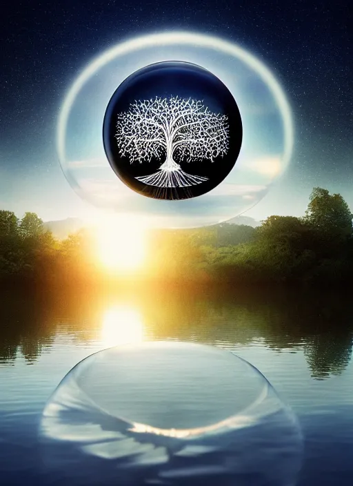 Image similar to transparent horizontally centered crystal ball floating over a serene lake, tree of life inside the ball, intricate details, radiant light, reflections on the water, ripples, moody sky, hyperdetailed illustration by yuumei, by mark brooks, john harris, artstation, low global light, coherent composition