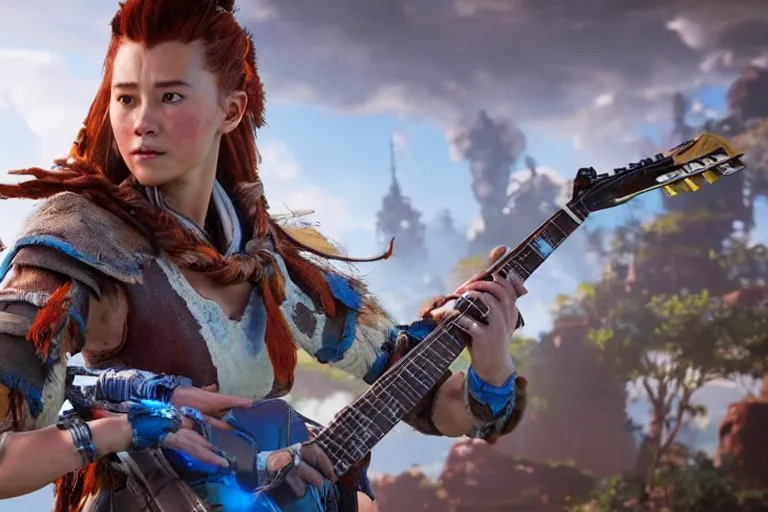 Image similar to cinematic picture of aloy from the horizon zero dawn videogame playing the guitar in the international space station